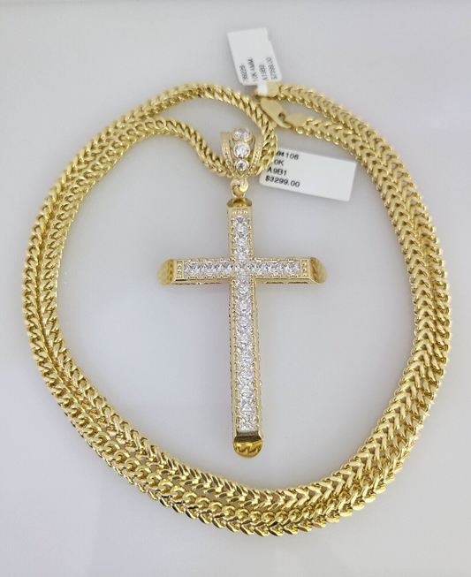 10K Franco Chain Jesus Cross Pendant Charm 20"-28" 4mm Gold SET Necklace