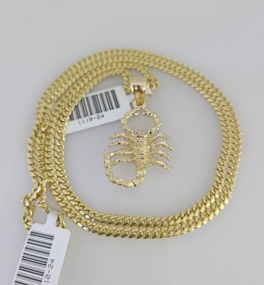 10K Solid Gold Miami Cuban Chain 2.5mm Scorpion Charm SET 18"-24" Pendant