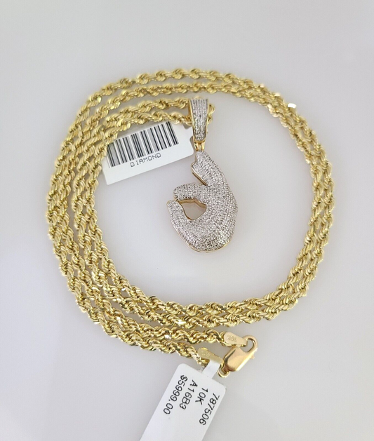 10k Solid Rope Chain OK Hand Pendant Diamond Necklace 20"-28" Gold Set 3mm Charm