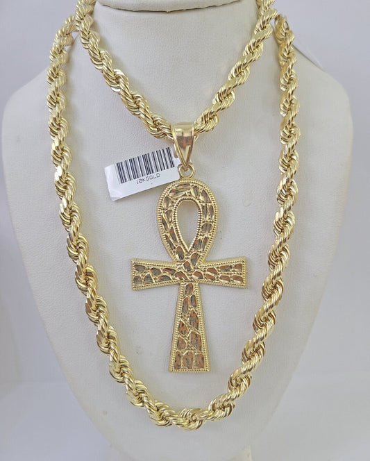 Real 10k Gold Rope Chain Ankh Cross Charm Set 7mm 20"-28" Inch Necklace For Men's