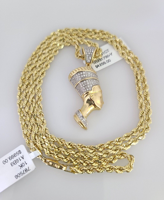10k Solid Rope Chain Egypt Queen Pendant Diamond Necklace 20"-28" Gold Set 3mm