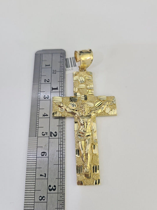 Real 10k Gold Rope Chain Nugget Cross Charm Set 7mm 20"-28" Inch Necklace, Men's
