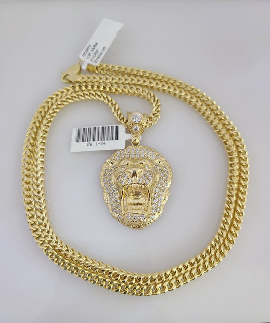 10K Franco Chain Roaring Lion Pendant Charm 20"-28" 4mm Gold SET Necklace Yellow