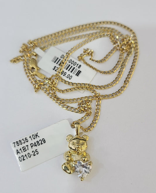10k Gold Cuban Curb Chain TeddyBear Pendant Two Tone Charm Set 2mm Necklace