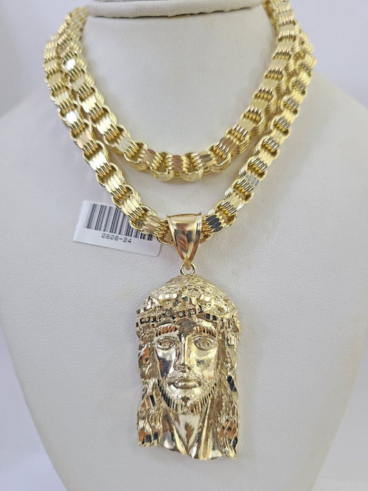10k Gold Byzantine Necklace Jesus Head Charm 20-30 inches 6mm SET Chain Pendant