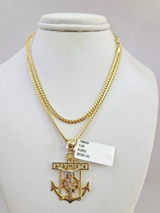 10K Solid Gold Miami Cuban Chain Jesus Anchor Pendant Charm 18"-26" 2.5mm SET