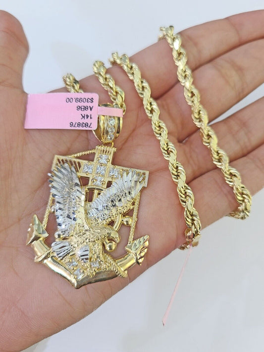 Real 14k Yellow Gold Rope Chain Ankh Cross Charm Set Link 5mm 20-26 Inch Necklace