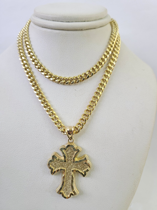 10k Miami Cuban Chain Jesus Cross Charm Pendant Set 5mm 18"28" Necklace Gold
