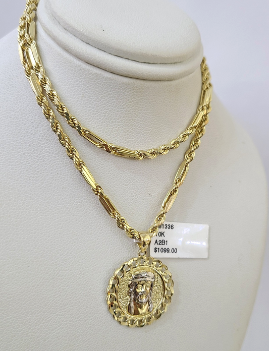 10k Milano Rope Chain Jesus Head Charm Necklace SET 3mm 18"-26" Pendant