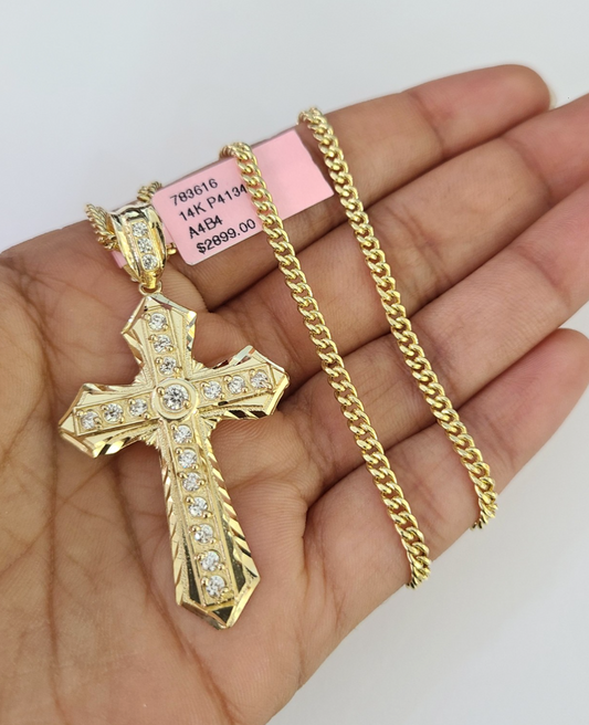 14k Miami Cuban Chain Jesus Cross Charm Pendant 3mm 18"24" inch SET Necklace