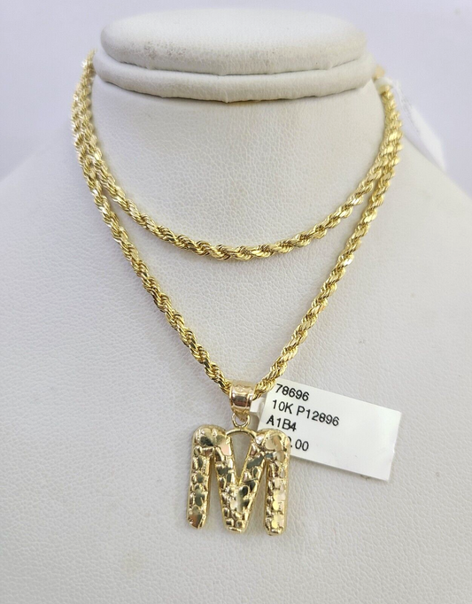 10k Gold Initial M Charm Rope Chain 16"-26" 2.5mm SET Necklace Alphabet Pendant