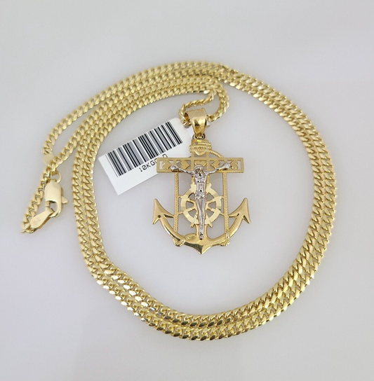 10K Solid Gold Miami Cuban Chain Jesus Anchor Pendant Charm 18"-26" 2.5mm SET