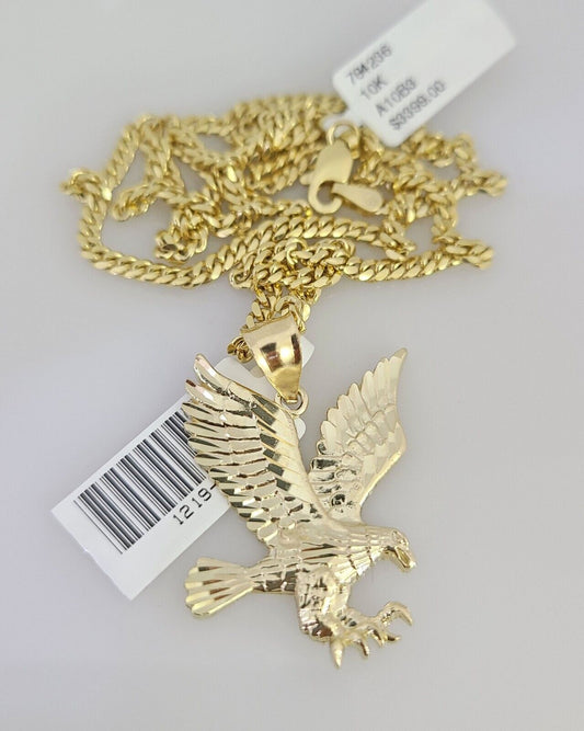 10K Solid Gold Miami Cuban Chain 2.5mm Flying Eagle Charm SET 18"-24" Pendant