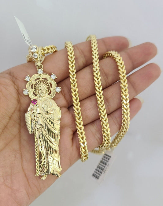 10K Franco Chain Saint Jude Pendant Charm 20"-28" 4mm Gold SET Necklace Yellow