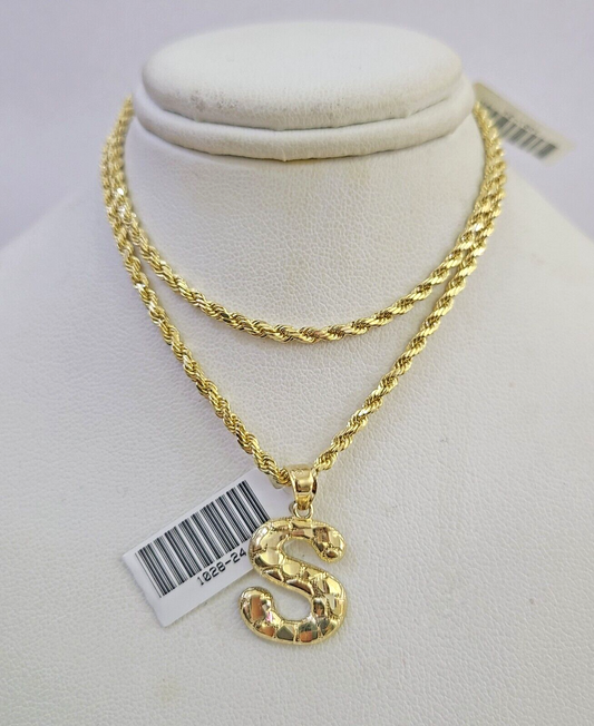 10k Gold Initial S Charm Rope Chain 16"-26" 2.5mm SET Necklace Alphabet Pendant