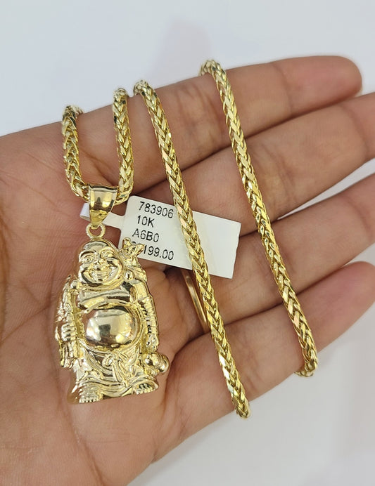 REAL 10k Yellow Gold Palm Chain Laughing Buddha Pendant Charm 3mm Necklace SET