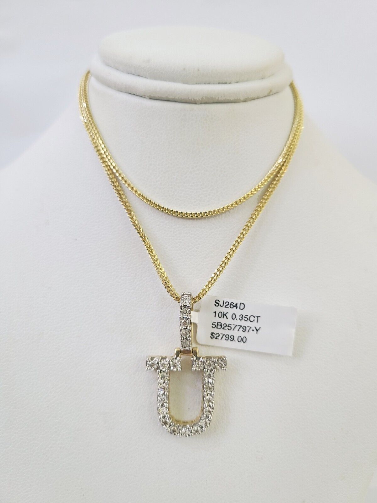 10K Franco Chain Diamond U Pendant Initial Charm Letter Necklace 18"-24" 1.5mm