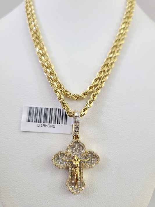 10k Solid Rope Chain Jesus Cross Pendant Diamond Necklace 20"-28" Gold Set 3mm