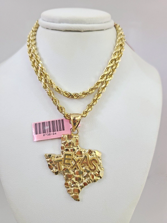 Real 14k Solid Rope Chain Texas Map Charm Gold Set 4mm 18"-30" Necklace Pendant