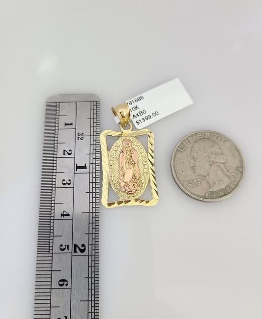 10K Solid Gold Miami Cuban Chain SET Virgin Mary Pendant Charm 18"-26" 2.5mm