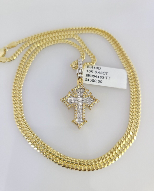 10K Solid Gold Miami Cuban Chain SET Diamond Jesus Cross Charm 18"-26" 2.5mm