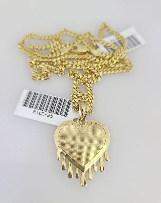 10K Solid Gold Miami Cuban Chain 2.5mm Dripping Heart Charm SET 18"-24" Pendant