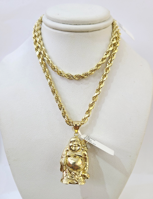 Real 10k Gold Rope Chain Necklace Laughing Buddha Pendant Charm Set 4mm 20"-30"