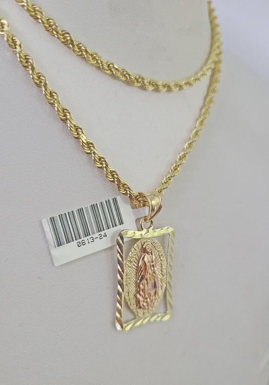 10k Solid Rope Chain 3mm Virgin Mary Pendant Charm Necklace SET 18-28 in