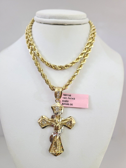 Real 14k Solid Rope Chain Spiral Cross Charm Gold Set 4mm 18"-30" Necklace