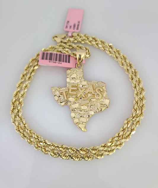 Real 14k Solid Rope Chain Texas Map Charm Gold Set 4mm 18"-30" Necklace Pendant