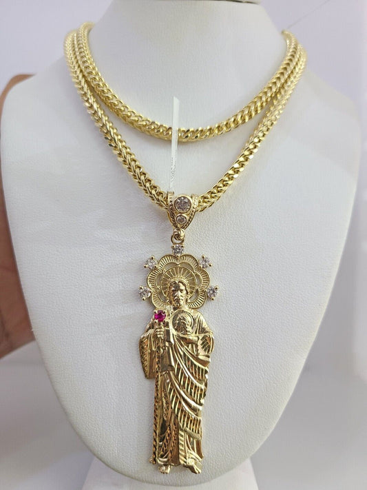 10K Franco Chain Saint Jude Pendant Charm 20"-28" 4mm Gold SET Necklace Yellow