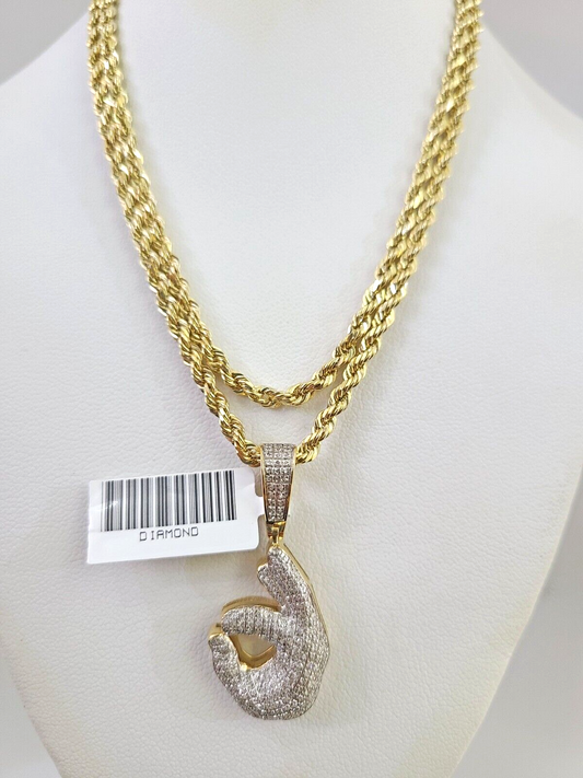10k Solid Rope Chain OK Hand Pendant Diamond Necklace 20"-28" Gold Set 3mm Charm