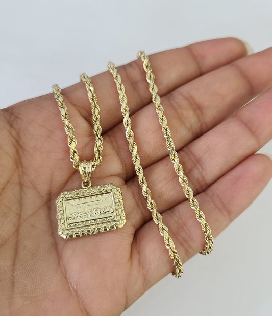 10k 2.5mm Rope Chain Last Supper Pendant Nugget 18"28" Gold Set Charm Necklace