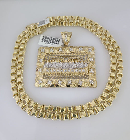 10k Gold Byzantine Necklace Last Supper Pendant Charm 20-30 inches 5mm SET Chain