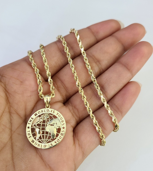 10k 2.5mm Rope Chain World is Yours Pendant 18"28" Gold Set Charm Necklace