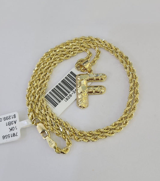 10k Gold Initial F Charm Rope Chain 16"-26" 2.5mm SET Necklace Alphabet Pendant