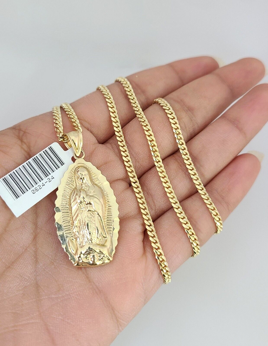 10K Solid Gold Miami Cuban Chain SET Virgin Mary Pendant Charm 18"-26" 2.5mm