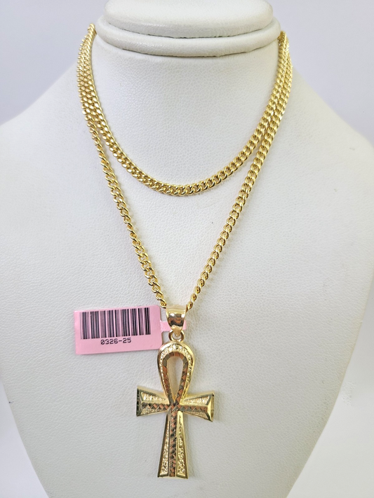 14k Miami Cuban Chain Ankh Cross Charm Pendant 3mm 18"24" inch SET Necklace