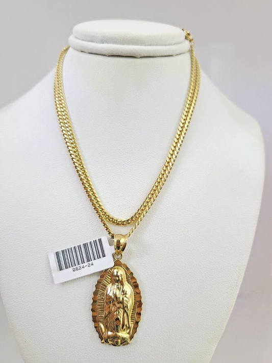 10K Solid Gold Miami Cuban Chain SET Virgin Mary Pendant Charm 18"-26" 2.5mm
