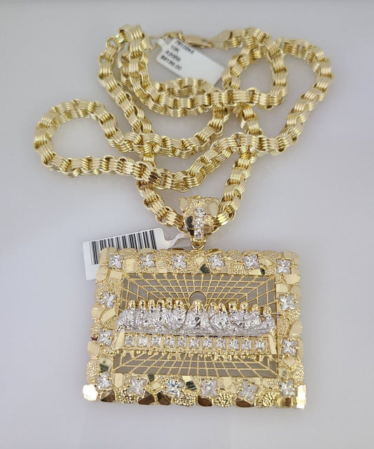 10k Gold Byzantine Necklace Last Supper Pendant Charm 20-30 inches 5mm SET Chain