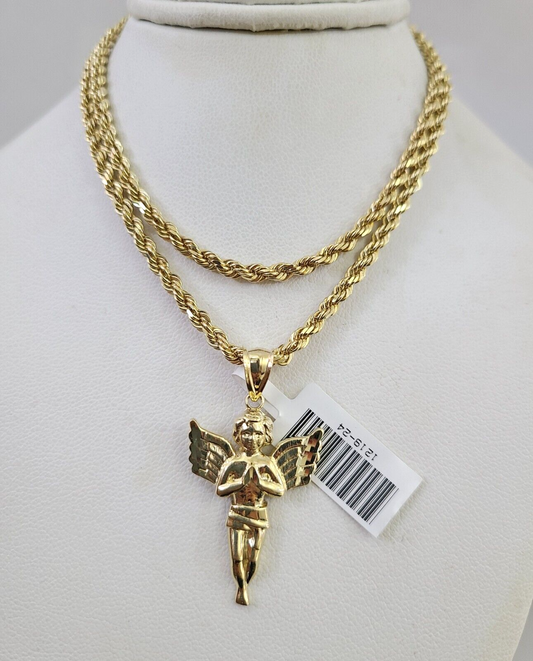 10k Solid Rope Chain Praying Angel Pendant 18"-28" Gold Set Charm Necklace 3mm