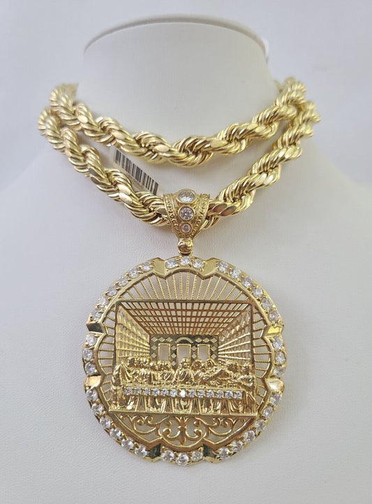 Real 10k Rope Chain Last Supper Charm Set 10mm 20"-30" Inch Necklace Yellow Gold