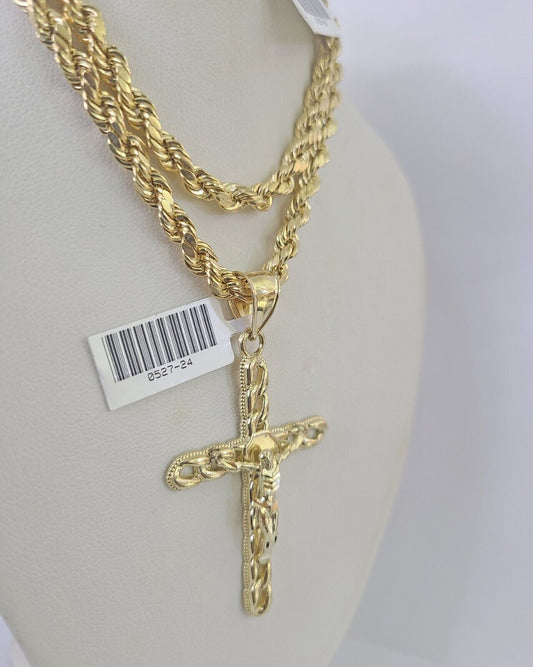 Real 10k Yellow Gold Rope Chain Cross Charm Pendant Set 5mm 20"-30" Necklace