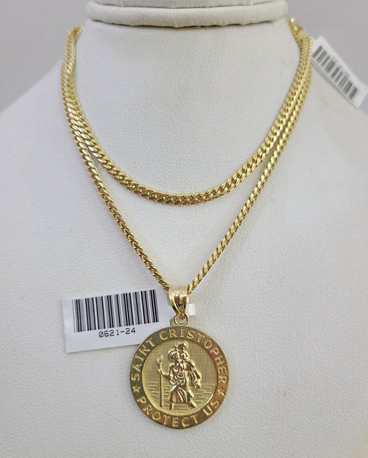 10K Solid Gold Chain Miami Cuban Saint Cristopher Pendant 2.5mm SET 18"-24"