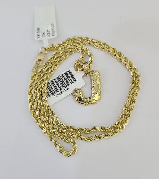 10k Gold Initial J Charm Rope Chain 16"-26" 2.5mm SET Necklace Alphabet Pendant
