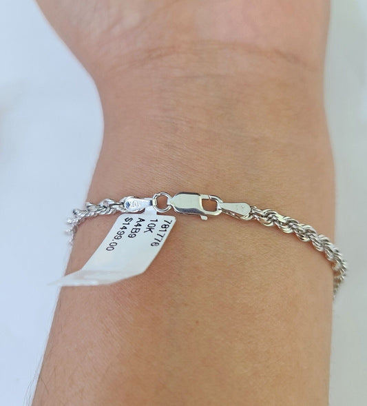 Real 10K Rope Bracelet White Gold Solid 3mm 7Inch Lobster Lock Unisex Genuine