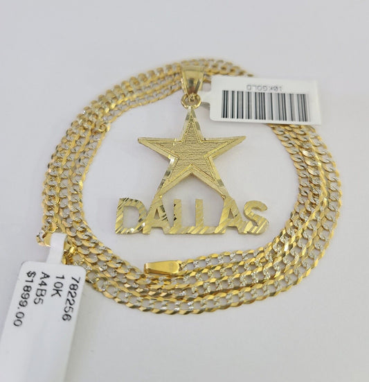 10k Solid Gold Cuban Curb Chain Dallas Star Pendant 2mm 18"-24" SET Necklace