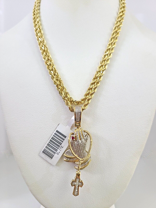 10k Solid Rope Chain Praying Hands Pendant Diamond Necklace 20"-28" Gold Set 3mm