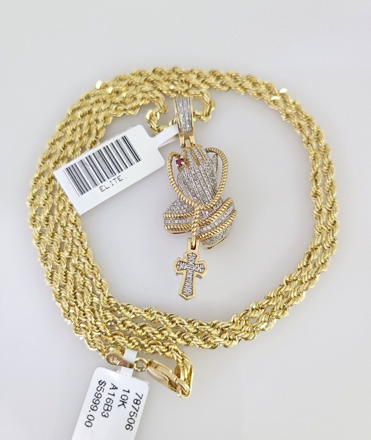 10k Solid Rope Chain Praying Hands Pendant Diamond Necklace 20"-28" Gold Set 3mm