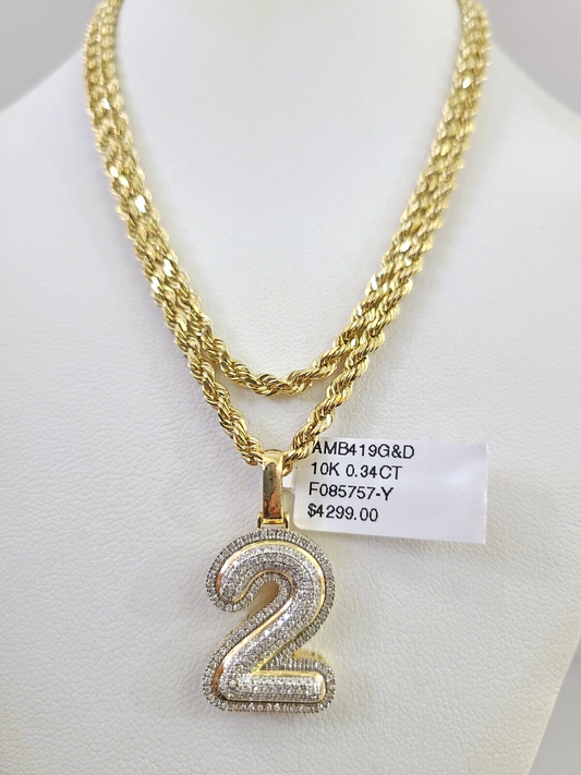 10k Solid Rope Chain 2 Number Pendant Diamond Necklace 20"-28" Gold Set 3mm